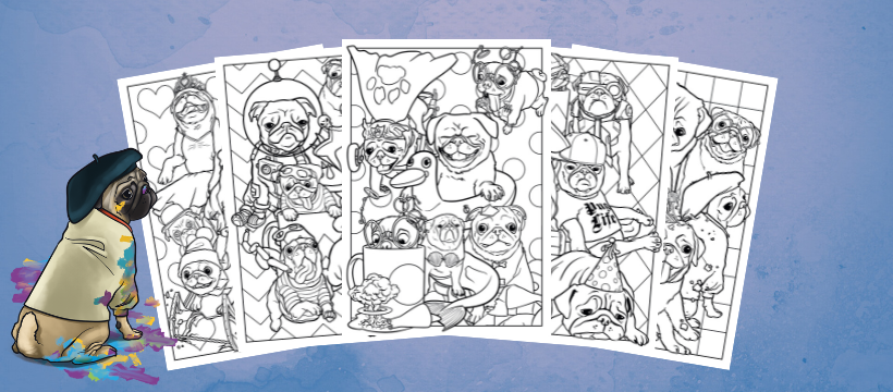 Pugs in Mugs colouring in pages