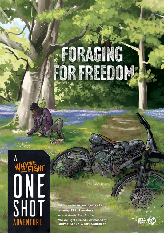 Book cover for 'Foraging for Freedom: One Shot Adventure' featuring an illustrated outdoor scene with a person foraging under trees, a motorcycle in the foreground, and bold title text.