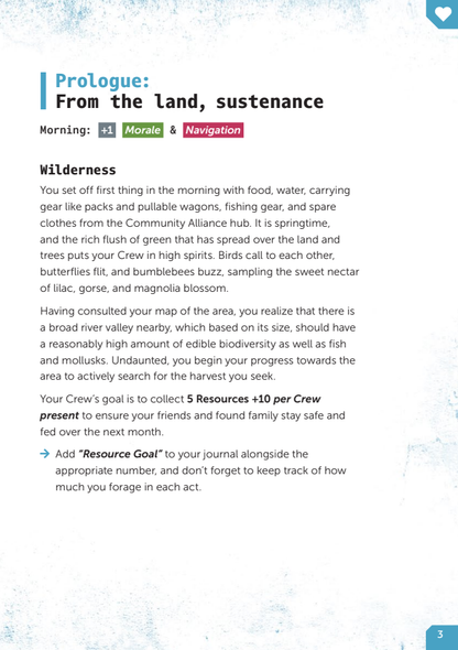 A single printed page with the heading 'Prologue: From the Land, sustenance' and a morning activity note under the labels Morale and Navigation. The page has a white background with blue text and a light blue decorative border, plus a small page number 3 at the bottom right.